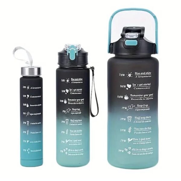 Ensemble 3 en 1 de Bouteilles d’Eau avec Paille et Repères Horaires Motivants – 2000 ml / 800 ml / 300 ml
