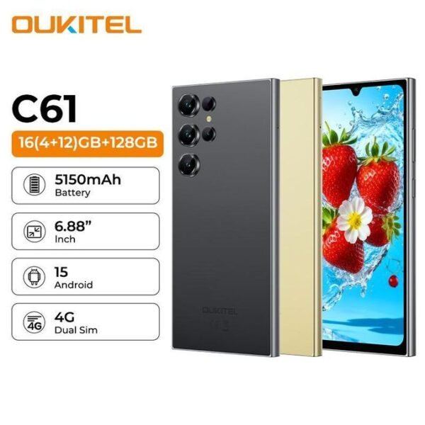 Oukitel C61 – Écran 6,88” HD+, Batterie 5150 mAh, 16 Go RAM + 128 Go ROM, Appareil Photo 13 MP – Couleur Or