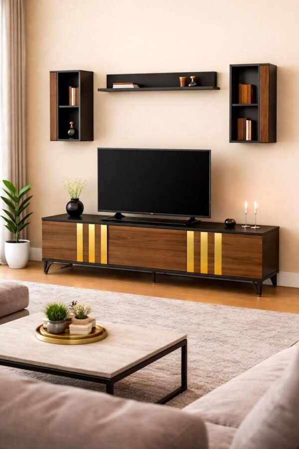 Meuble TV Moderne Marron Noir avec Étagères Murales TVNM019